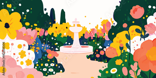 A vibrant garden, bursting with colorful flowers and an elegant fountain, creating a serene atmosphere. The art style adds a touch of whimsy to the scene.