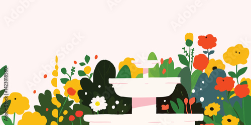 A charming illustration depicting a whimsical garden scene with a flowing fountain surrounded by blooming flowers in vibrant hues of red, yellow and white, creating a serene and idyllic atmosphere. 