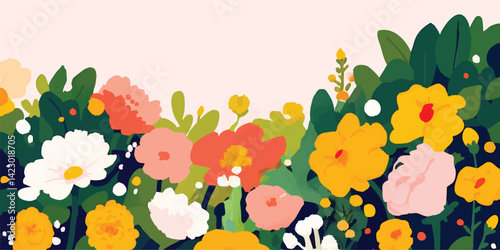 A vibrant array of colorful flowers and lush greenery bloom, this piece embodies the fresh vitality of spring in its full glory. The petals unfurl to offer a spectrum of color.
