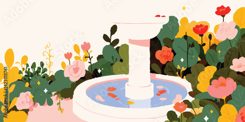 A whimsical illustration depicts a charming fountain nestled among vibrant blossoms, creating a sense of serenity and beauty.