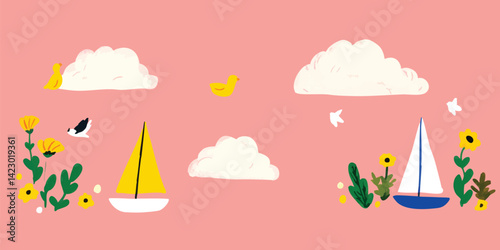 Two vibrant sailboats gracefully navigate a soft pink sea. The whimsical sky above adorned with fluffy clouds, evokes feelings of freedom, playfulness.