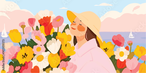 A blissful young woman with a sunhat is embracing the vibrant blooms in a lush garden overlooking the serene seaside. Evoking feelings of tranquility and simple pleasures.