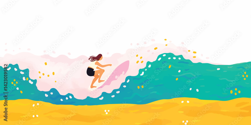 Obraz premium A woman surfer rides a pink surfboard through a giant teal wave, a vibrant illustration capturing the exhilarating energy and freedom of water sports.
