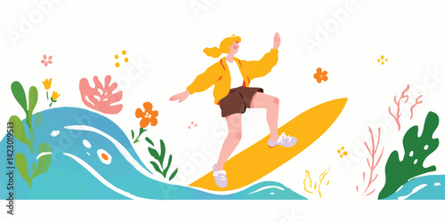 A young woman surfs with joy and confidence on a colorful wave. The scene is vibrant and filled with a sense of adventure, capturing the exhilaration of the moment.  