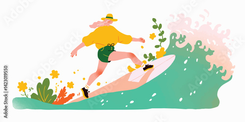 A young woman surfs a whimsical wave adorned with blooming flowers, capturing a vibrant blend of summer fun and natural beauty.