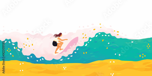 A woman surfer rides a pink surfboard through a giant teal wave, a vibrant illustration capturing the exhilarating energy and freedom of water sports.