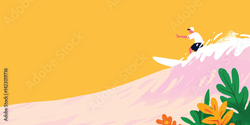 An animated surfer fearlessly conquers a cresting wave, capturing the thrill of the ocean, embodying freedom, adventure, and the vibrant spirit of summer.