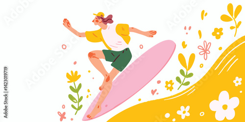 An illustration depicts a surfer gracefully riding a wave, embodying the thrill of surfing, surrounded by vibrant floral details.