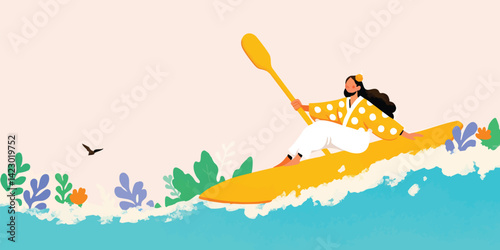 A person joyfully kayaks on the lake's surface, paddling towards adventure, amidst vibrant aquatic plants, bird flying high in the sky.