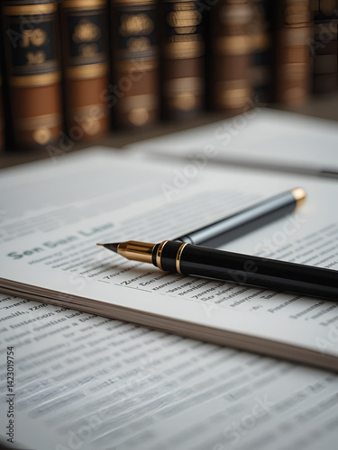Close-up of documents and a pen resting on a table, with law books in the background, soft focus.