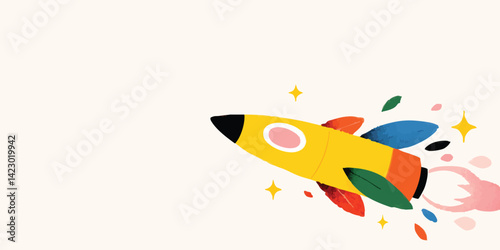 A dynamic, colorful rocket ship soars into the vast expanse of space, leaving a trail of vibrant colors and stars in its wake.