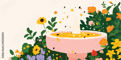 A captivating illustration showcasing a whimsical fountain nestled amidst a vibrant floral garden. Delicate petals and refreshing water droplets add a touch of whimsy to this idyllic, garden scene.