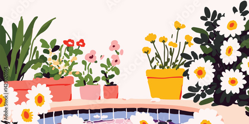 A delightful arrangement of potted flowers adorns a tranquil pool, exuding freshness. The painting showcases bright colors and cheerful ambiance.