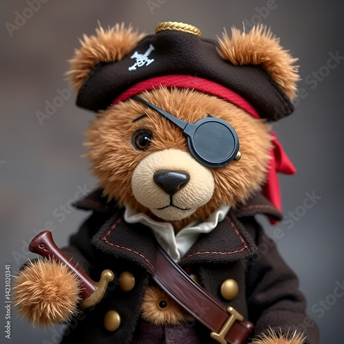 A pirate-themed teddy bear with one eye patch, a fancy captain coat, and a tiny cutlass at its side