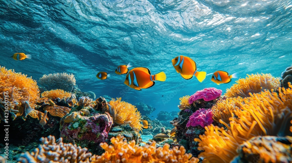 Naklejka premium Vibrant coral reef teeming with tropical fish.