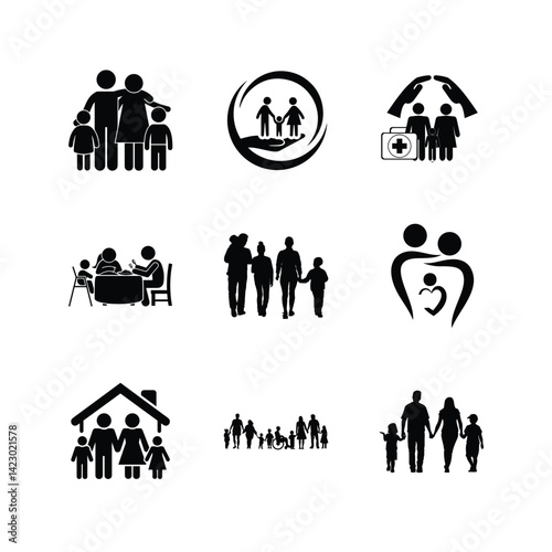 Pictogram Set Representing Family Structures Protection Healthcare And Activities Vector Illustration