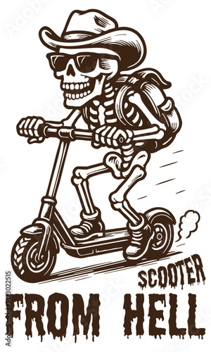 Skeleton riding an electric scooter. Vintage retro memes classic.