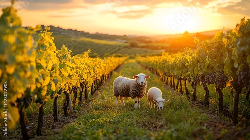 Sheep grazing in a picturesque vineyard at sunset
