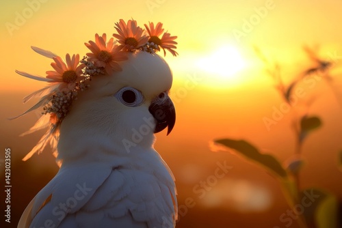 Golden hour in sunset. Cute baby animal cockatoo wearing free flower wreath on its head. Summer happiness. Sunlit wild animal in a dreamy setting. Wild creature with soft floral accents.