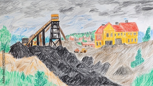 Coal mine town, industry, landscape, overcast sky, mining operation