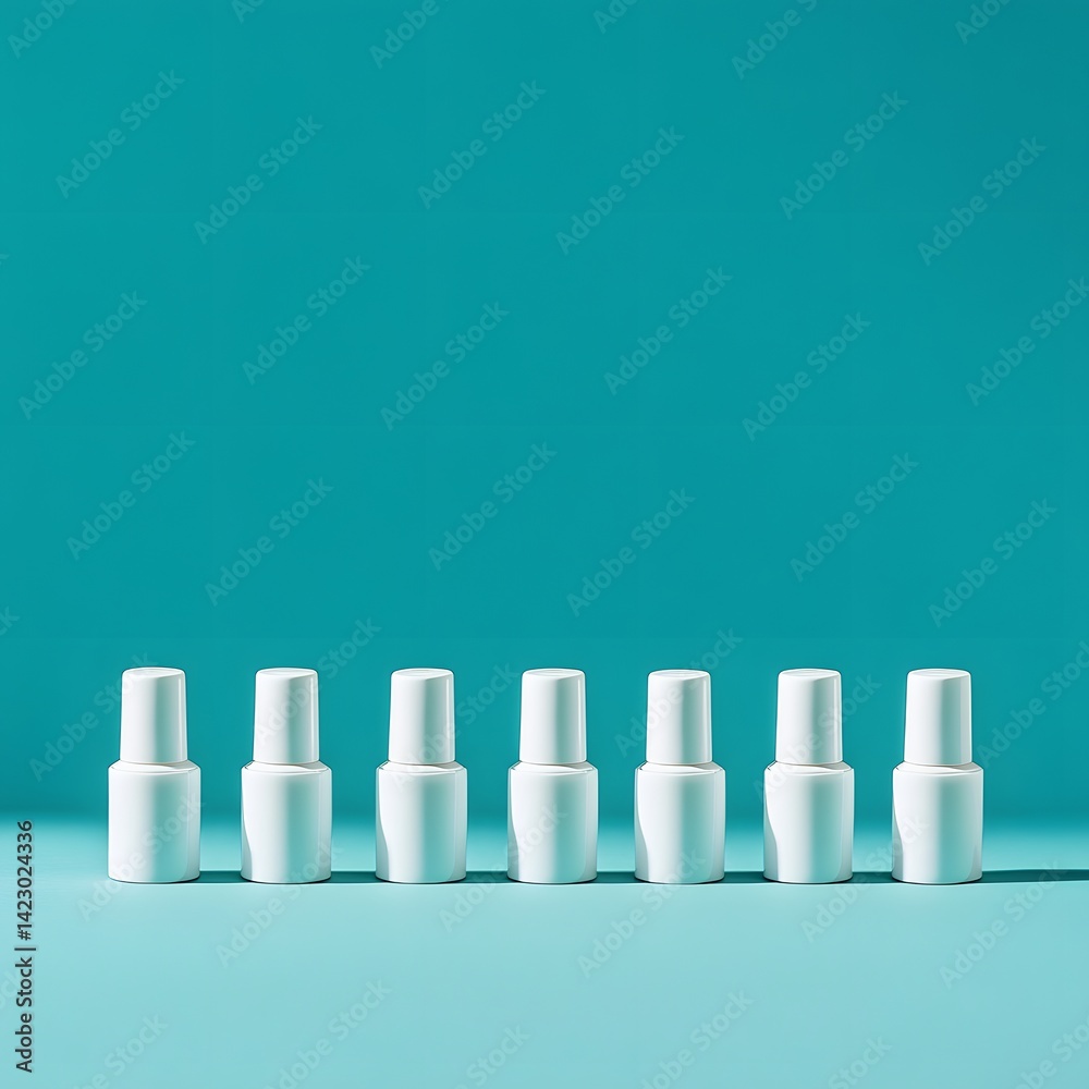 Nail Polish Bottles Array: A visually striking array of pristine white nail polish bottles stands in perfect symmetry against a vibrant, monochromatic background. Nail Polish Bottles Array: A visually striking array of pristine white nail polish bottles stands in perfect symmetry against a vibrant, monochromatic background.