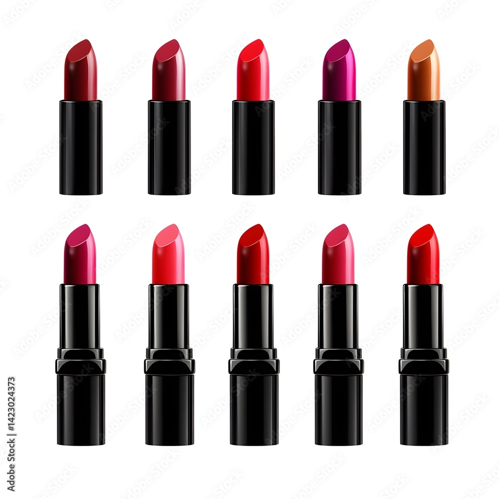 Lipstick Collection: A diverse range of lipstick shades, from classic reds to deep berries and nudes, presented in sleek black tubes. Perfect for makeup tutorials, beauty blogs. Lipstick Collection: A diverse range of lipstick shades, from classic reds to deep berries and nudes, presented in sleek black tubes. Perfect for makeup tutorials, beauty blogs.
