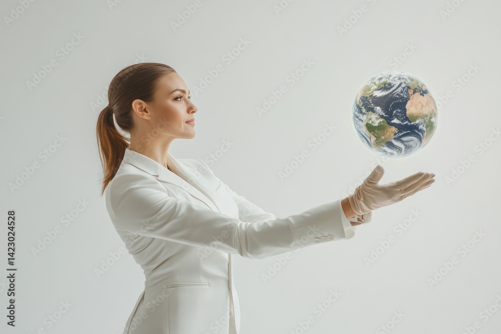 A woman in a white suit gently cradles a digital globe, symbolizing global care and responsibility. A woman in a white suit gently cradles a digital globe, symbolizing global care and responsibility.