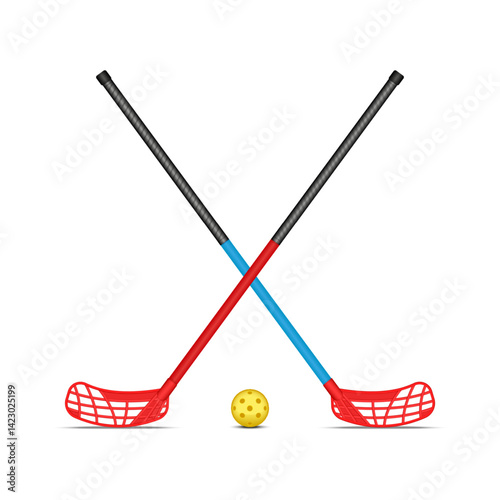 Crossed floorball sticks with red blades, black grips and blue shafts with perforated plastic ball, isolated on white background, realistic 3d vector sports equipment clipart.