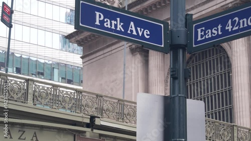 New York City Grand Central Terminal, 42 street, Park Avenue, Pershing Square architecture. Midtown district railroad hub, railway transport. NYC crossroad, East 42nd st corner, intersection road sign