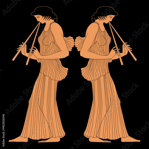 Symmetrical ethnic design with two Ancient Greek women playing flutes. Vase painting style.