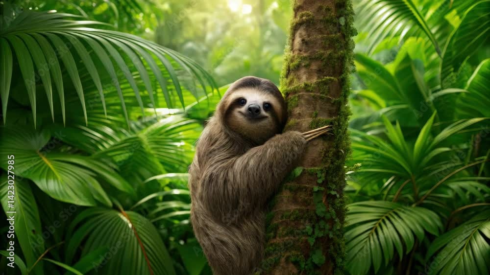 A sloth climbing a tree, showcasing rehabilitation efforts for wildlife conservation.