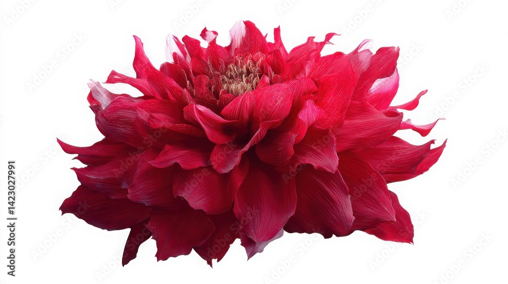 A close up view of a vibrant red dahlia flower with intricate petal arrangement isolated on white. Red Dahlia isolated on white A close up view of a vibrant red dahlia flower with intricate petal arrangement isolated on white. Red Dahlia isolated on white