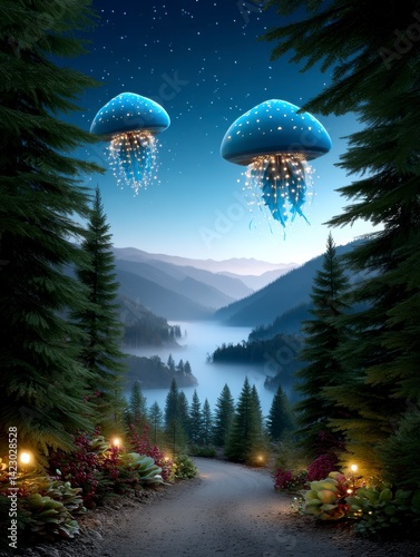Mystical landscape with glowing jellyfish above serene valley and lush evergreen trees at night