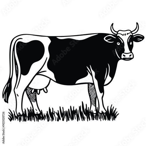 Black and white dairy cow illustration standing in grass vector graphic art