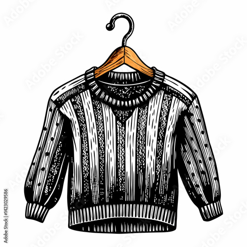Hand Drawn Knitted Sweater on Hanger Vintage Style Illustration for Fashion Design and Apparel Branding