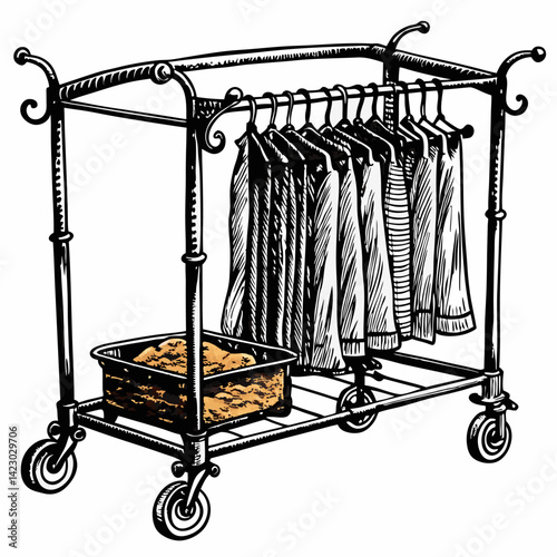 Vintage Clothes Rack Illustration with Hanging Garments and Storage