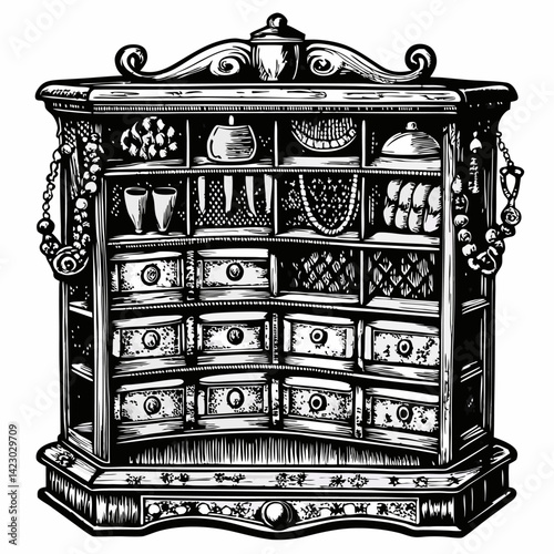 Vintage Apothecary Cabinet with Drawers and Shelves Hand Drawn Black and White Illustration