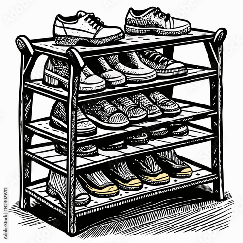 Hand Drawn Shoe Rack Illustration Featuring Various Footwear Styles