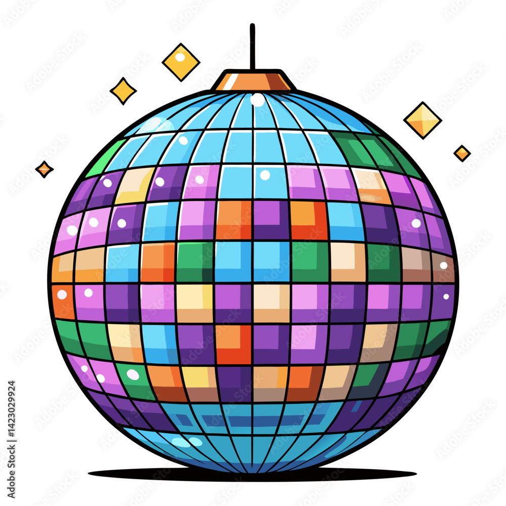 Colorful Geometric Disco Ball Illustration with Sparkling Effects Colorful Geometric Disco Ball Illustration with Sparkling Effects