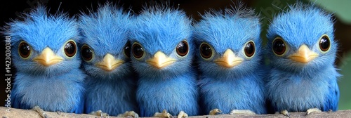 A quintet of electricblue fledgling birds peer out eyes wide with innocent wonder