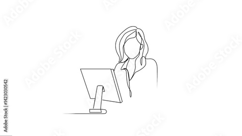 Animated Woman office worker with computer line art animation. 