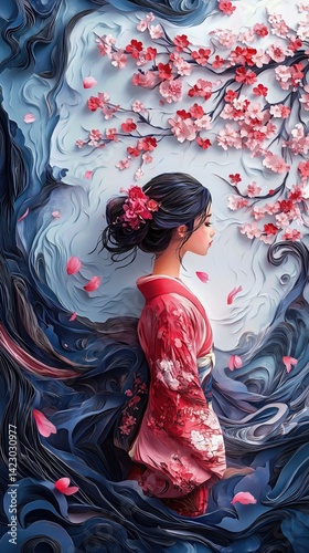 Cherry Blossoms Woman Girl in Kimono Paper Cut Phone Wallpaper Background Illustration	