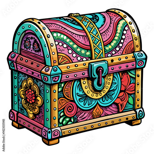 Ornate Treasure Chest  Illustration with Intricate Floral Patterns