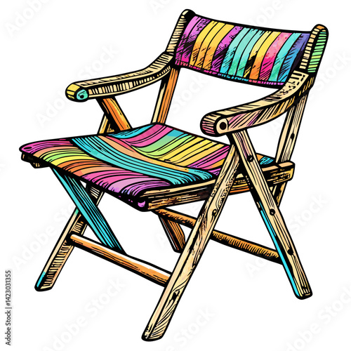 Multicolored Striped Wooden Chair Illustration Vibrant Folding Seat Art Design