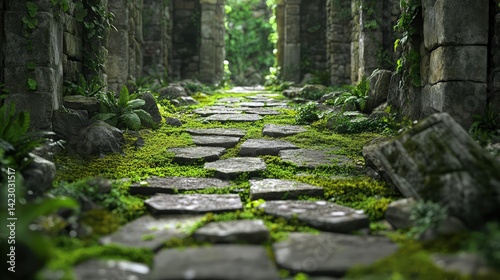 A charming stone path winds through the heart of the park, its surface dotted with moss and fallen leaves.