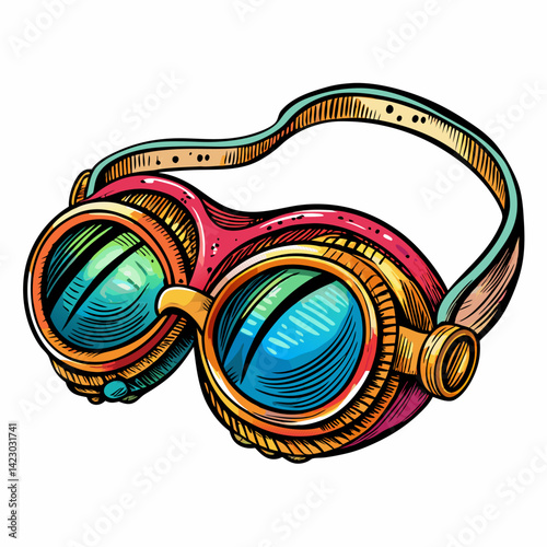 Vintage Steampunk Goggles with Colored Lenses and Leather Strap Illustration