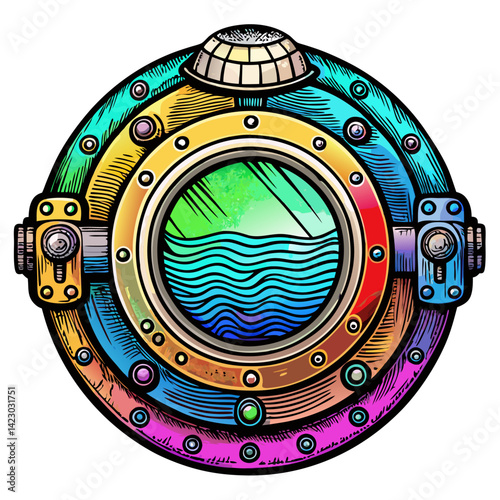 Colorful Nautical Porthole with Ocean Waves Vibrant Maritime  Illustration