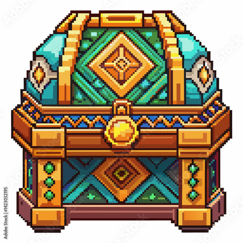 Colorful Pixel Art Treasure Chest with Intricate Design and Gemstones