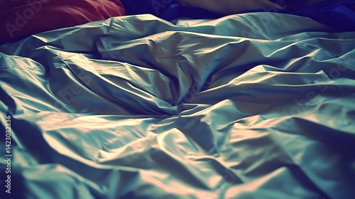 Cozy Unmade Bed with Rumpled Shiny Sheets and Pillows for Abstract Texture