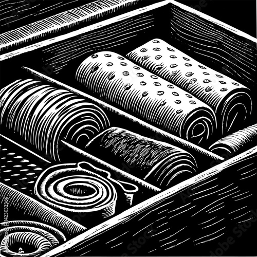 Elegant Hand Drawn Ties in a Wooden Drawer  Illustration